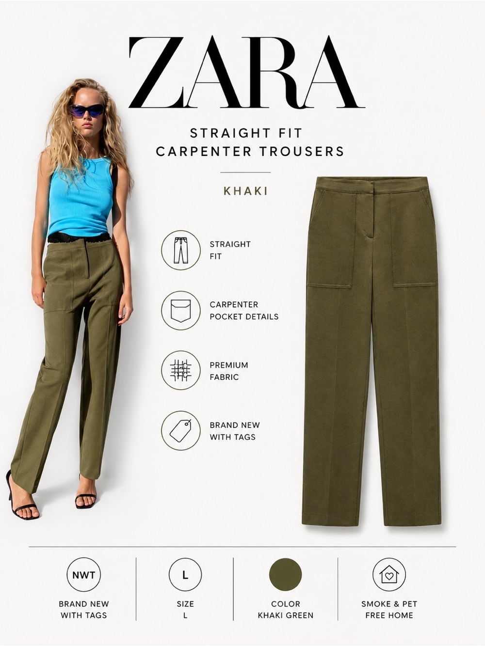 ZARA Khaki Straight Fit Carpenter Trousers Utility Pants NWT Size L